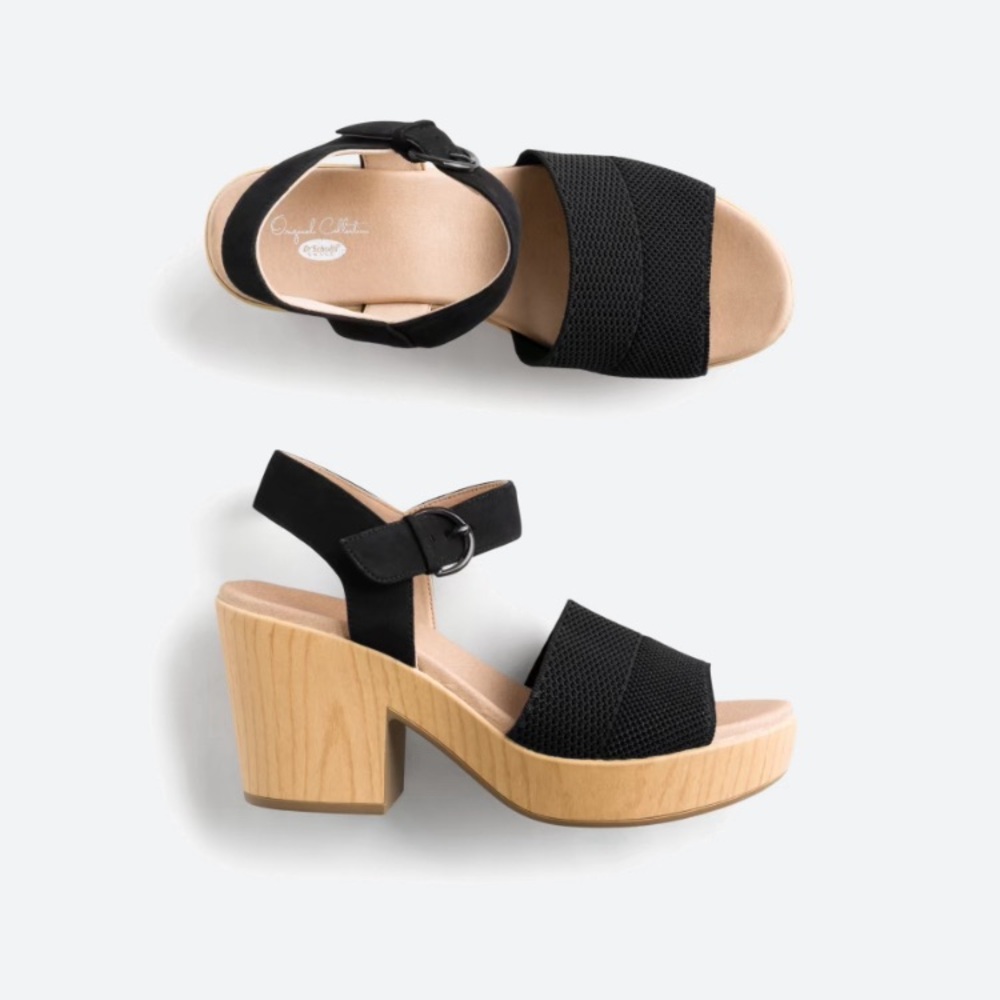 Dr. Scholl’s Brickell Leather Eco Knit Faux Wood Heeled Platform Sandal
